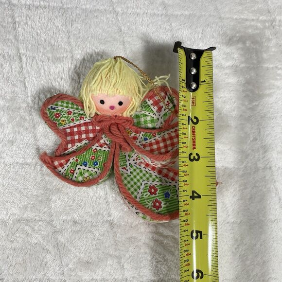 Vtg Patchwork Angel Christmas Ornament Balsa Wood Yarn Hair Cottagecore Eclectic - Picture 5 of 5